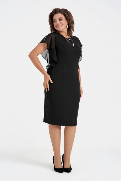 Corinne - Modern Black Dress with Layered Sheer Sleeves