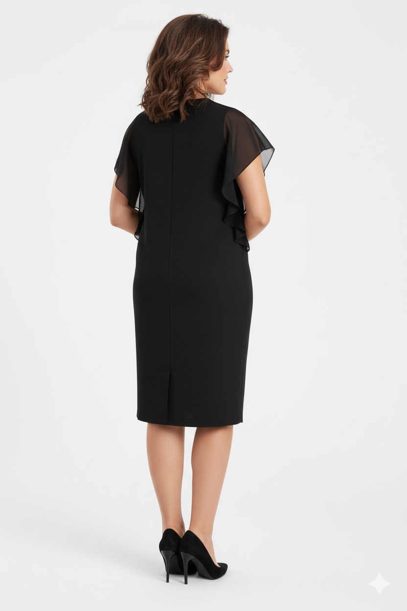 Corinne - Modern Black Dress with Layered Sheer Sleeves