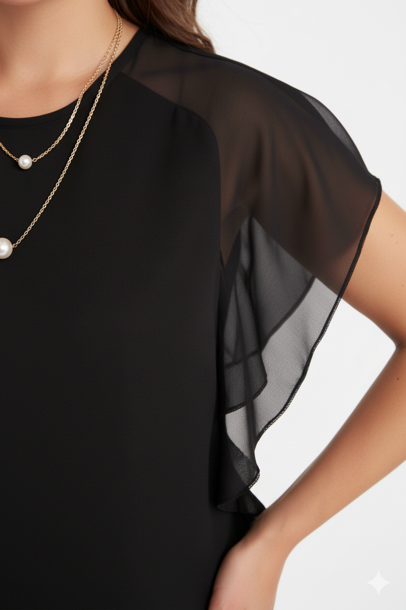 Corinne - Modern Black Dress with Layered Sheer Sleeves
