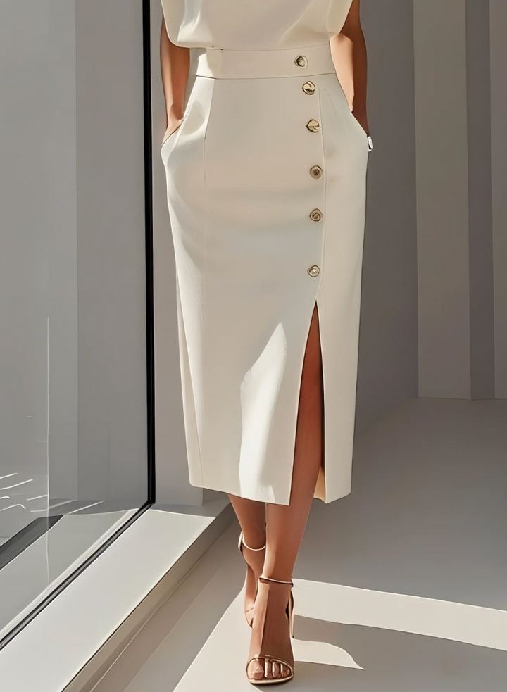 Paola - Elegant Ivory Dress for Women – Summer Dress with Golden Buttons and Side Slit