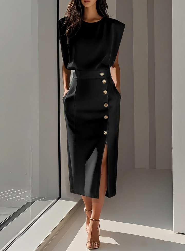 Paola - Elegant Ivory Dress for Women – Summer Dress with Golden Buttons and Side Slit