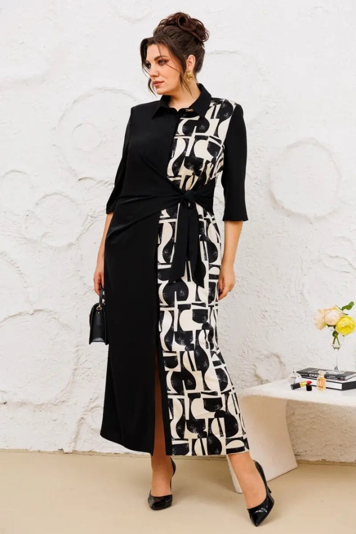 Antoinette - Printed Lapel Slit Dress