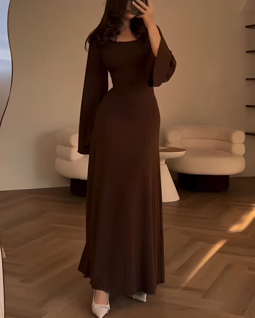 Nori - Striped Knit Maxi Dress with Sleeves